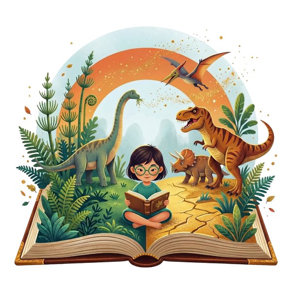 An image of an open book with a young girl with glasses sitting atop it, reading a book. Dinosaurs and greenery are in the background.
