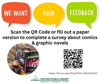 Complete a survey about comics and graphic novels by clicking the link or scanning the QR code