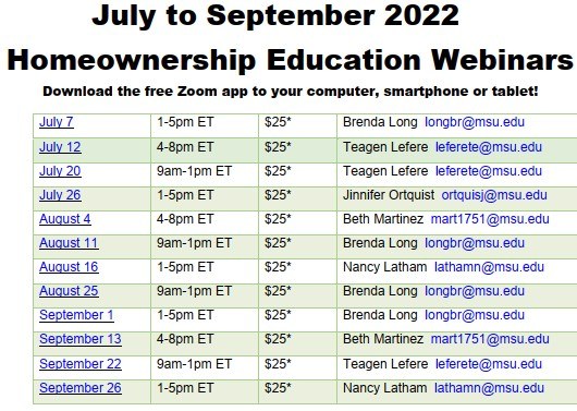 July - September 2022 MSU Home Ownership Class List