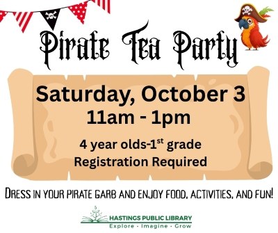 Pirate Tea Party 10/3/2026 11am-1pm Ages 4 years-1st Grade, Registration Required