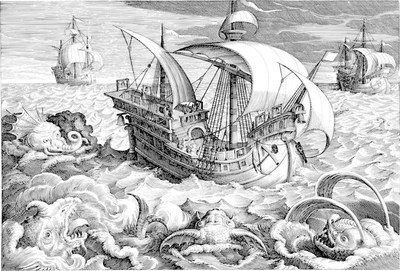 Ship and Sea Monsters Drawing