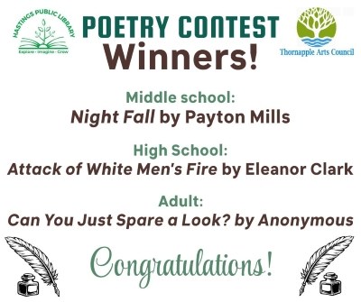 Poetry Contest Winners -  Middle School: Night Fall by Payton Mills; High School: Attack of White Men's Fire by Eleanor Clark; Adult: Can You Just Spare a Look? by Anonymous